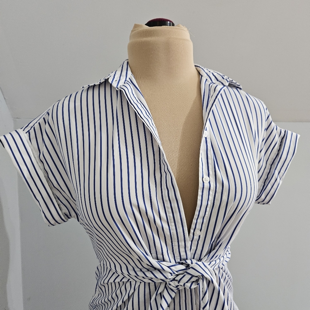 Lauren Ralph Lauren Blue White Stripe Wrap Blouse Short Sleeve XS Summer Resort - Picture 7 of 16